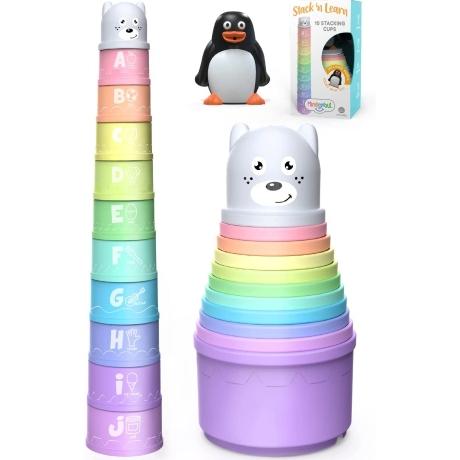 [해외] 유아용 컵 쌓기 장난감, 숫자, 글자, 패턴, 파스텔 색상 + 무료 보너스 물총 아기 목욕 장난감 및 곰 머리 셰이커가 있는
